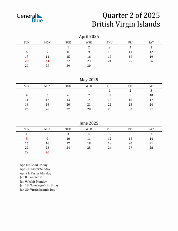 Quarter 2 2025 British Virgin Islands Quarterly Calendar