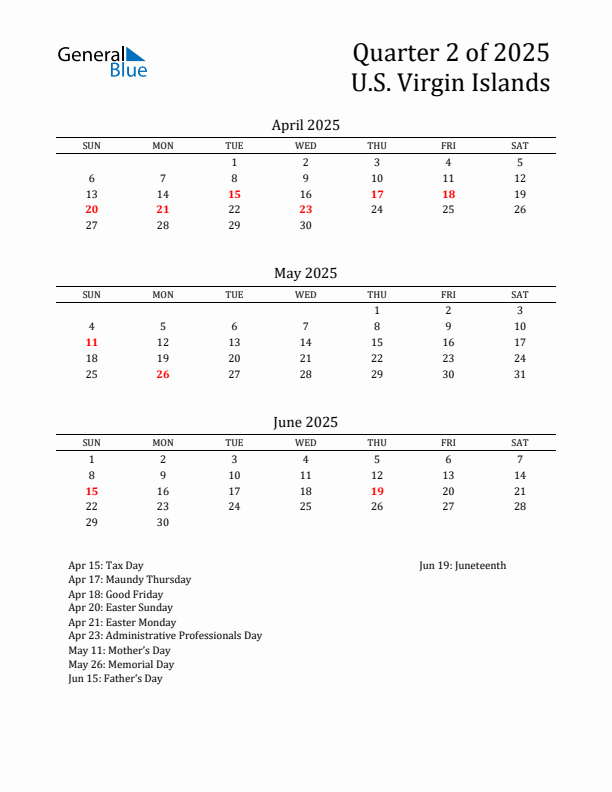 Quarter 2 2025 U.S. Virgin Islands Quarterly Calendar