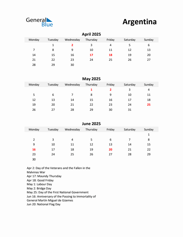 Printable Quarterly Calendar with Notes and Argentina Holidays- Q2 of 2025
