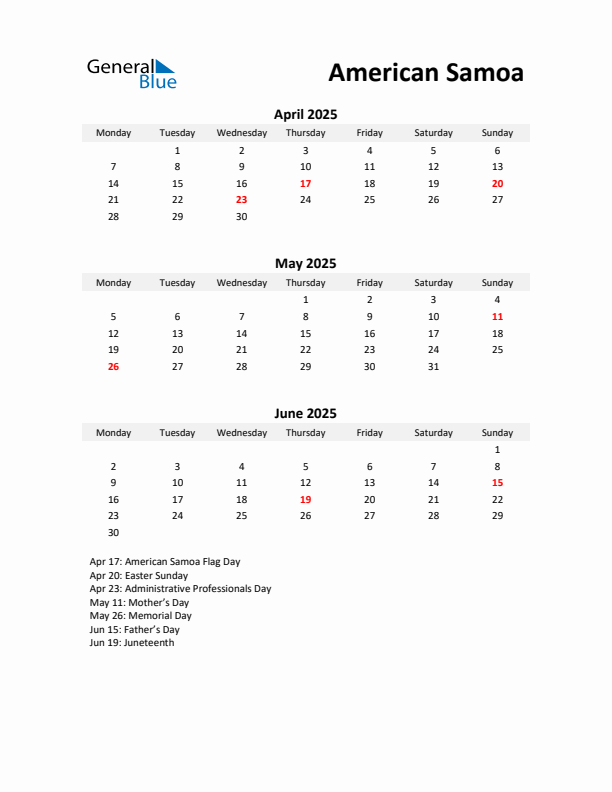 Printable Quarterly Calendar with Notes and American Samoa Holidays- Q2 of 2025