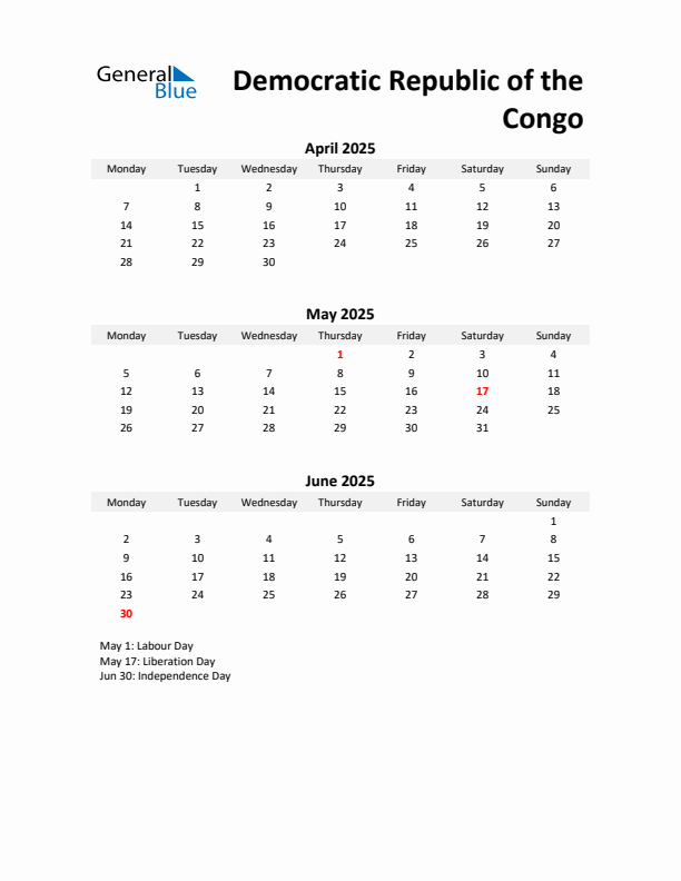Printable Quarterly Calendar with Notes and Democratic Republic of the Congo Holidays- Q2 of 2025
