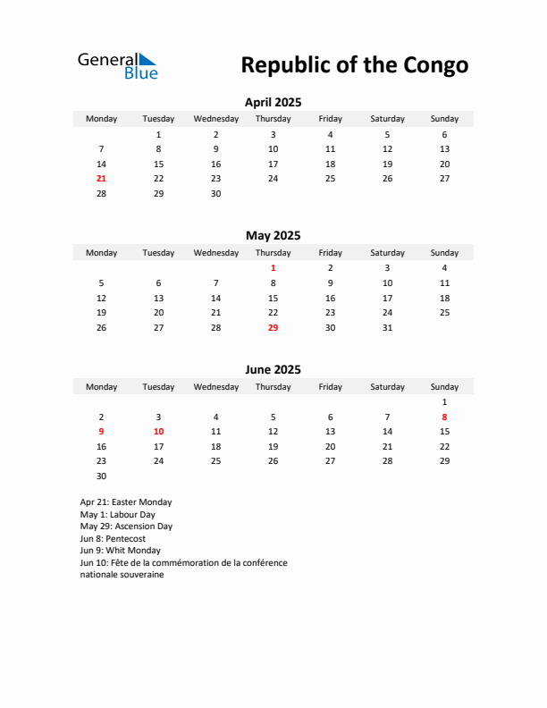 Printable Quarterly Calendar with Notes and Republic of the Congo Holidays- Q2 of 2025