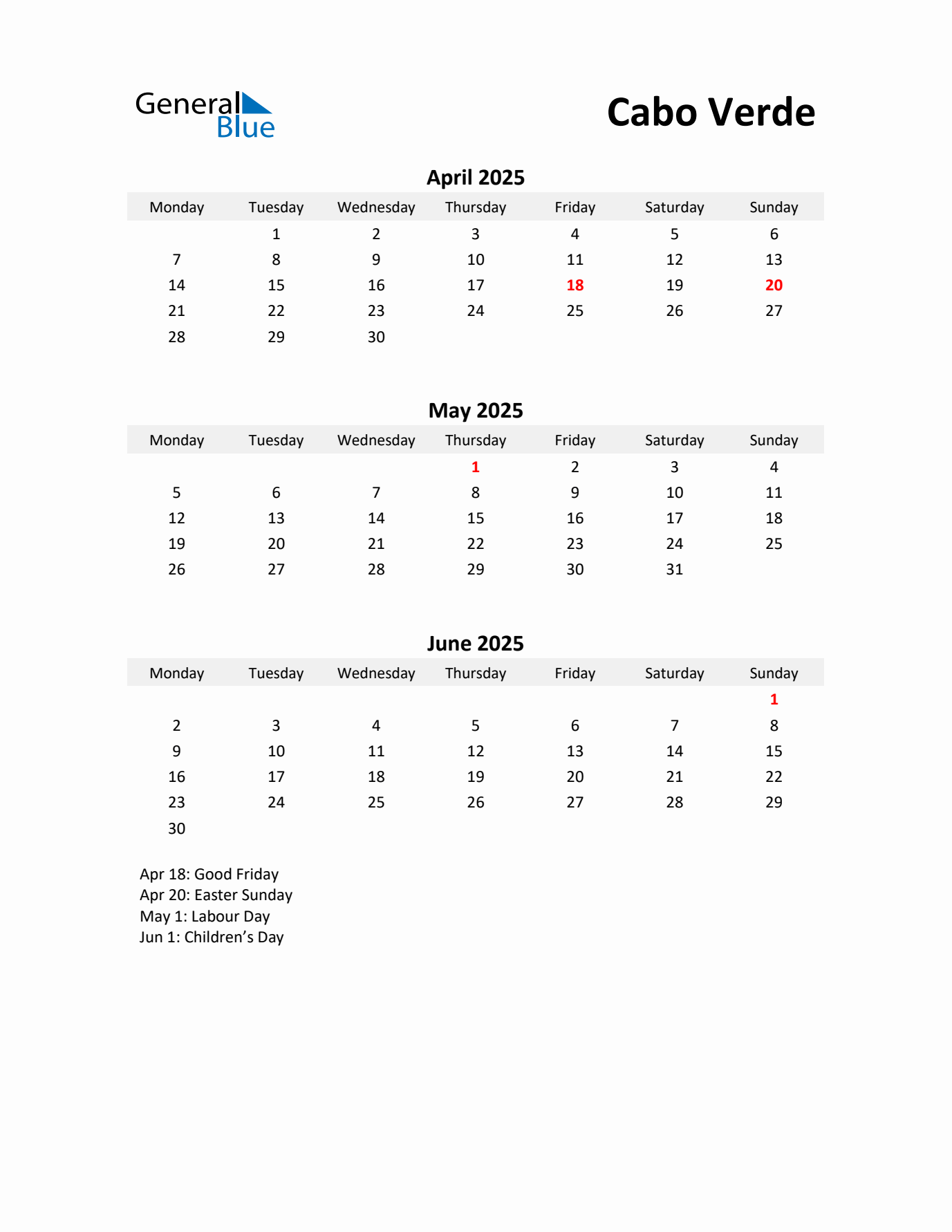 Printable Quarterly Calendar with Notes and Cabo Verde Holidays- Q2 of 2025