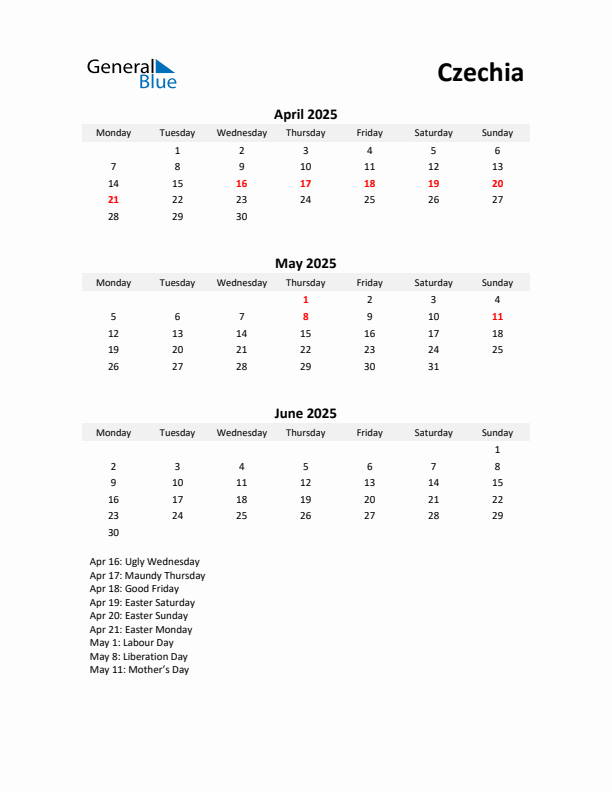 Printable Quarterly Calendar with Notes and Czechia Holidays- Q2 of 2025