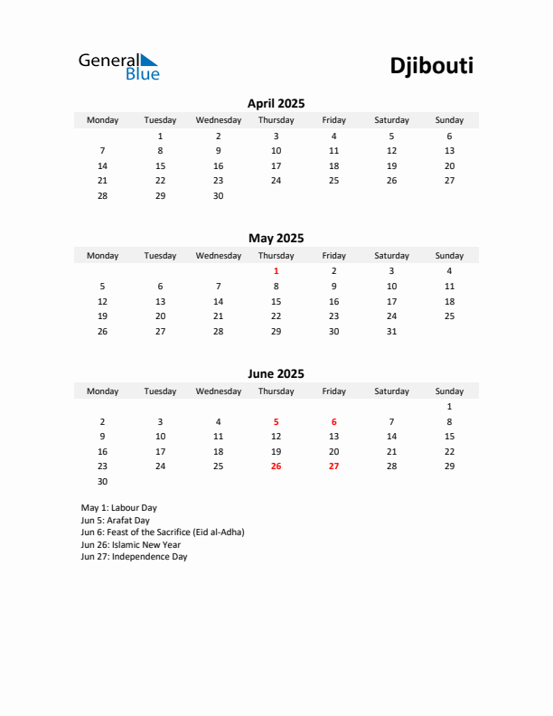 Printable Quarterly Calendar with Notes and Djibouti Holidays- Q2 of 2025
