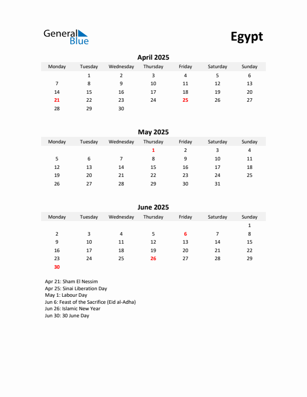Printable Quarterly Calendar with Notes and Egypt Holidays- Q2 of 2025