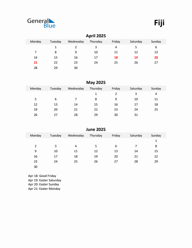 Printable Quarterly Calendar with Notes and Fiji Holidays- Q2 of 2025