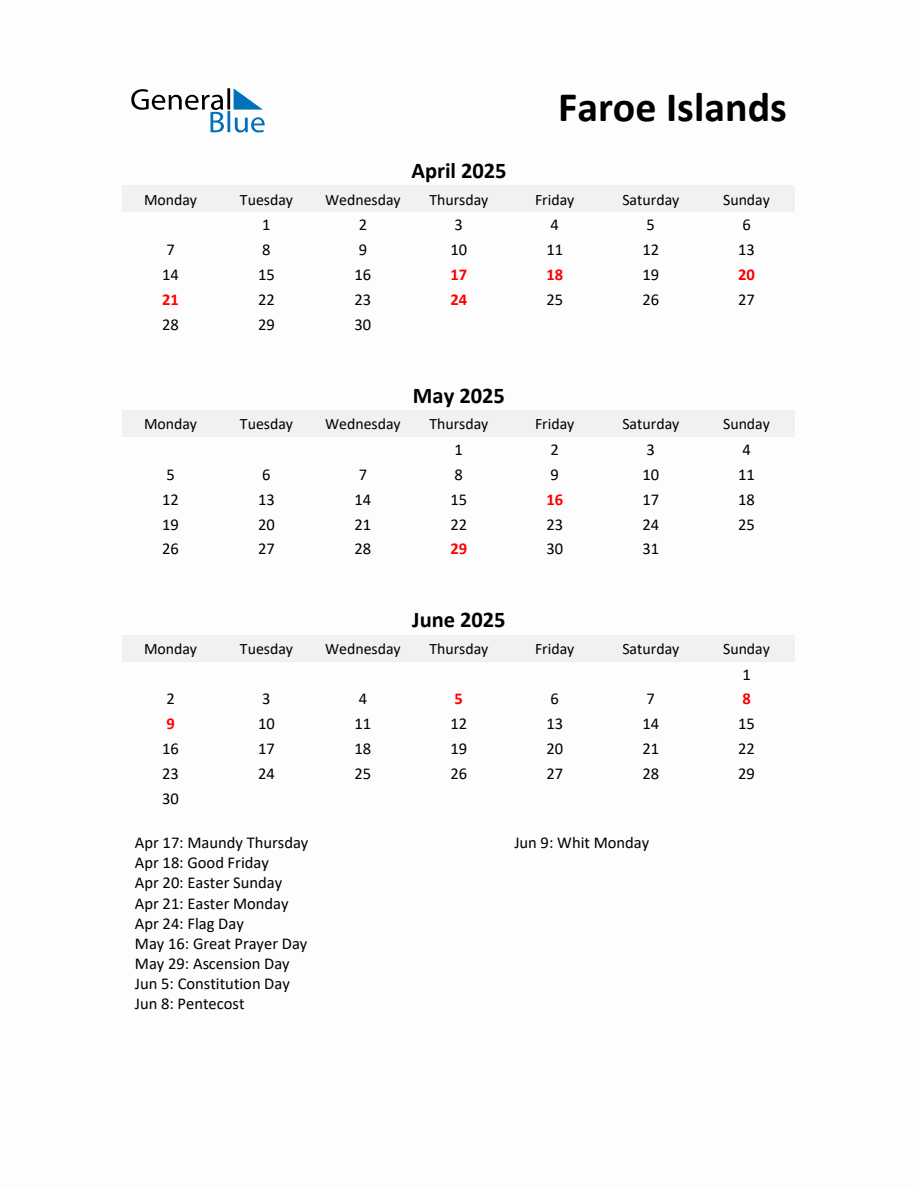 Printable Quarterly Calendar with Notes and Faroe Islands Holidays- Q2 ...