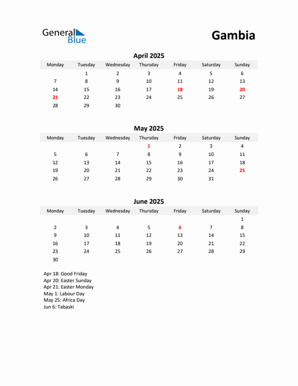 Printable Quarterly Calendar with Notes and Gambia Holidays- Q2 of 2025