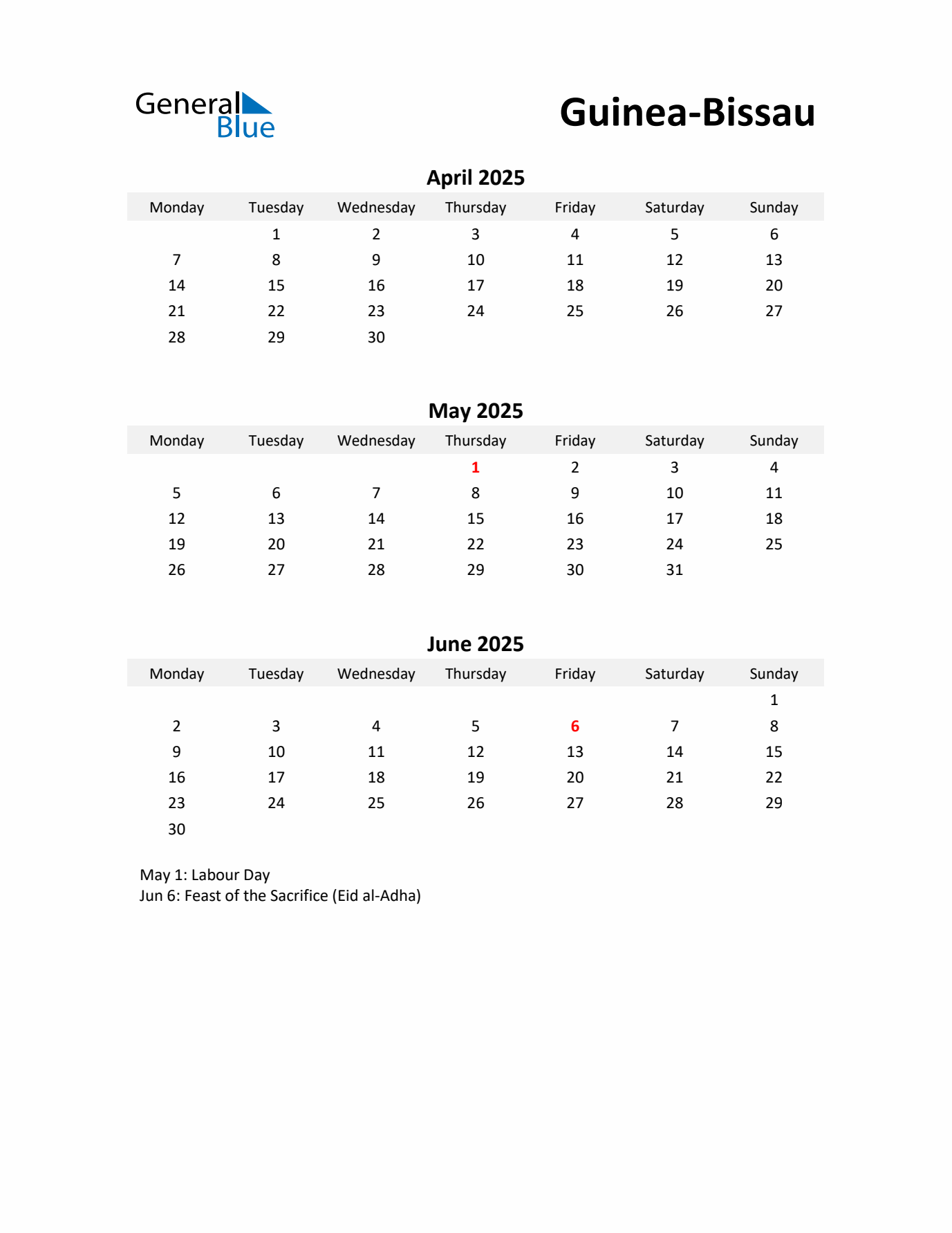 Printable Quarterly Calendar with Notes and Guinea-Bissau Holidays- Q2 of 2025