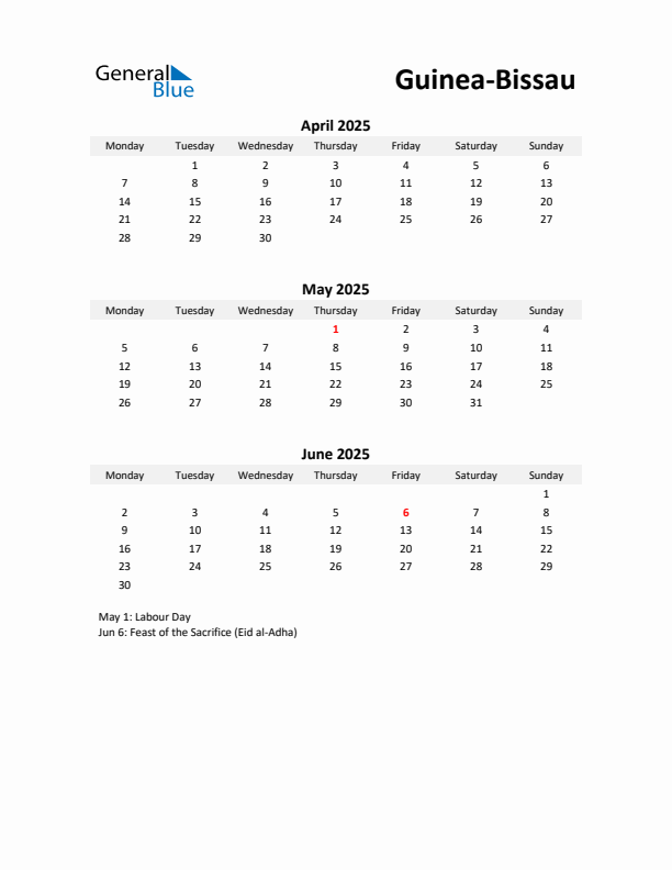 Printable Quarterly Calendar with Notes and Guinea-Bissau Holidays- Q2 of 2025