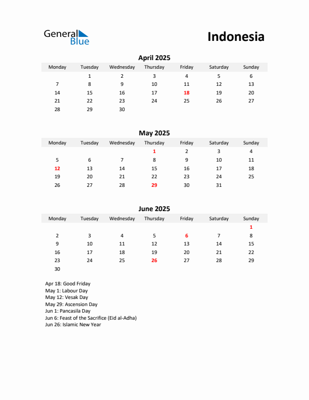 Printable Quarterly Calendar with Notes and Indonesia Holidays- Q2 of 2025