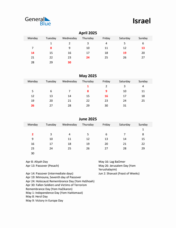 Printable Quarterly Calendar with Notes and Israel Holidays- Q2 of 2025