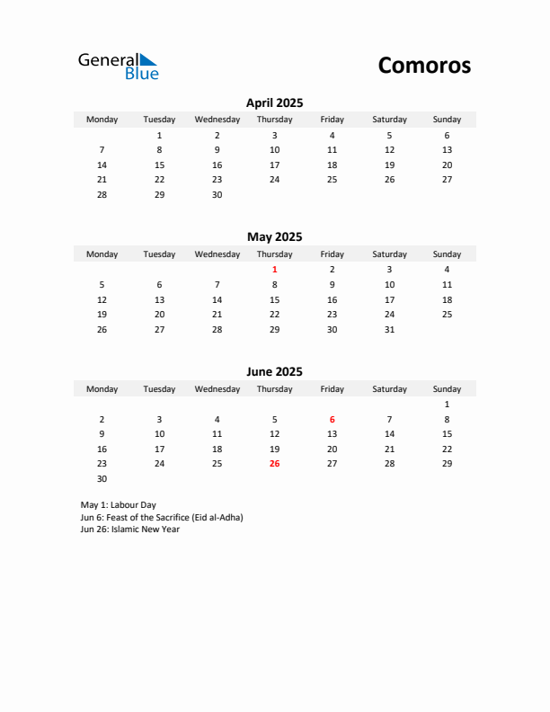 Printable Quarterly Calendar with Notes and Comoros Holidays- Q2 of 2025
