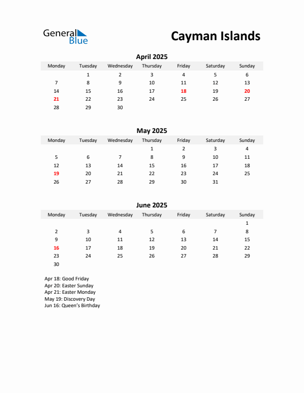 Printable Quarterly Calendar with Notes and Cayman Islands Holidays- Q2 of 2025