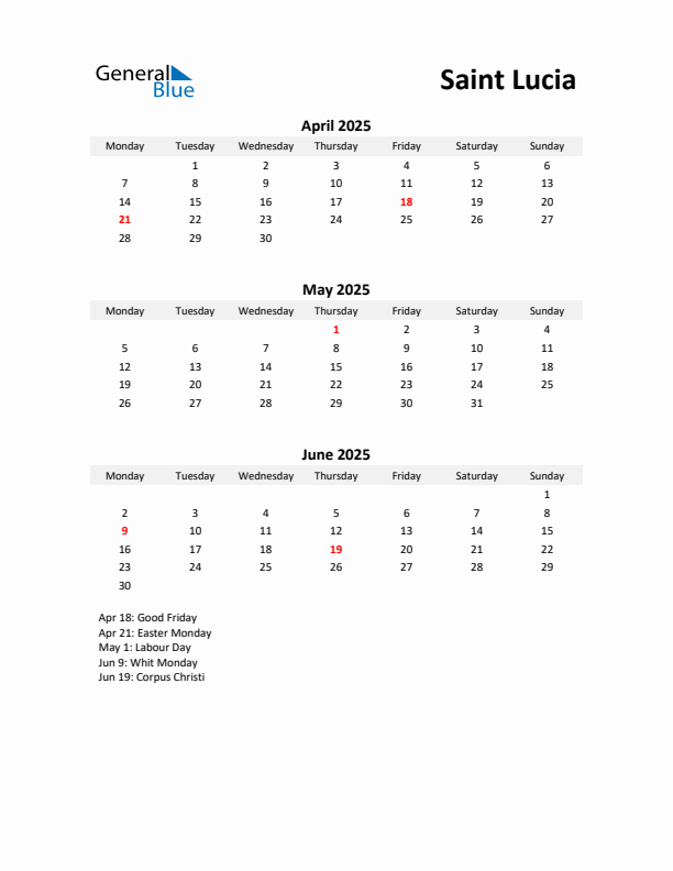 Printable Quarterly Calendar with Notes and Saint Lucia Holidays- Q2 of 2025