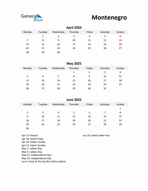 Printable Quarterly Calendar with Notes and Montenegro Holidays- Q2 of 2025