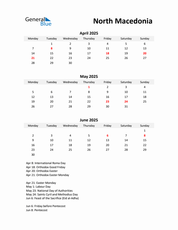 Printable Quarterly Calendar with Notes and North Macedonia Holidays- Q2 of 2025