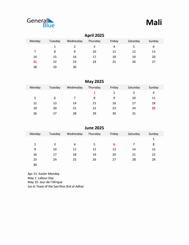 Printable Quarterly Calendar with Notes and Mali Holidays- Q2 of 2025