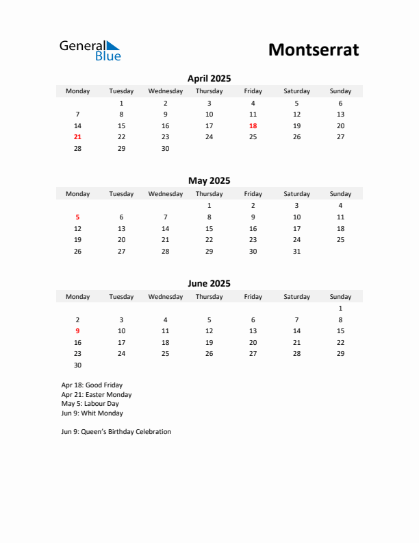 Printable Quarterly Calendar with Notes and Montserrat Holidays- Q2 of 2025