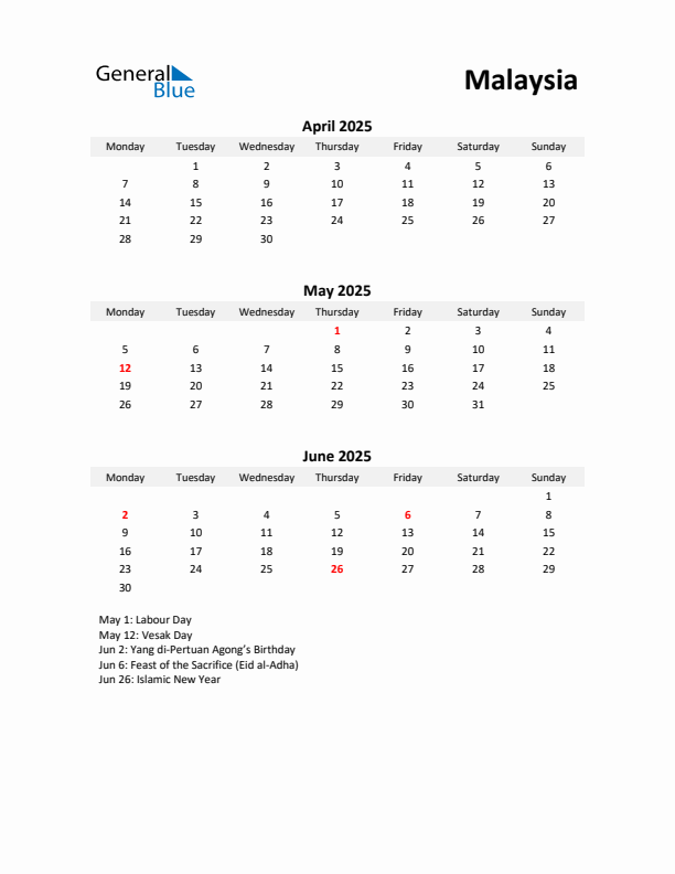 Printable Quarterly Calendar with Notes and Malaysia Holidays- Q2 of 2025