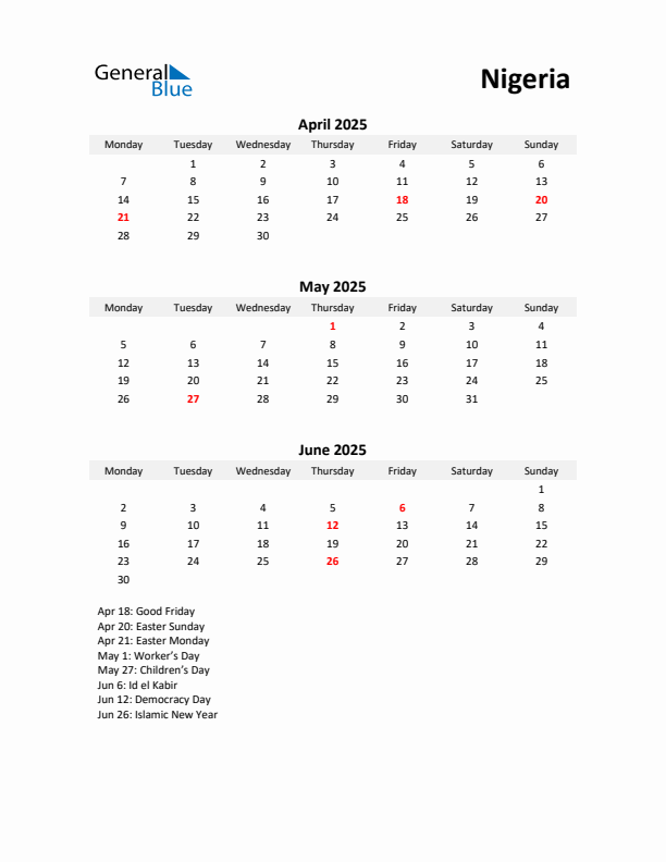Printable Quarterly Calendar with Notes and Nigeria Holidays- Q2 of 2025