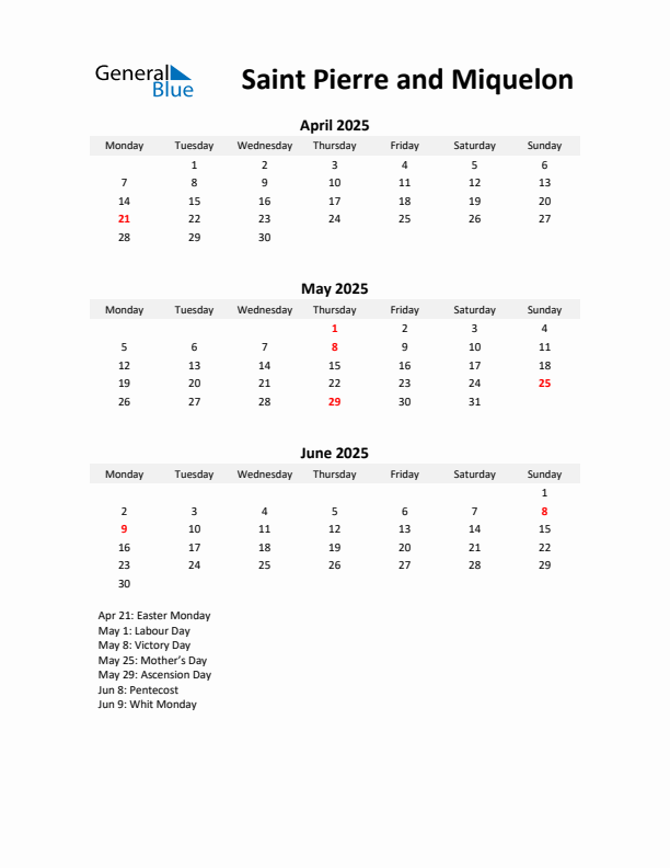 Printable Quarterly Calendar with Notes and Saint Pierre and Miquelon Holidays- Q2 of 2025