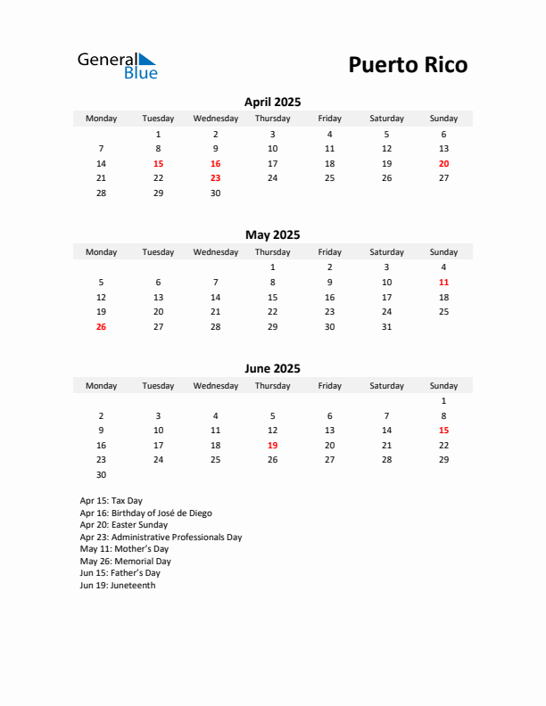 Printable Quarterly Calendar with Notes and Puerto Rico Holidays- Q2 of 2025