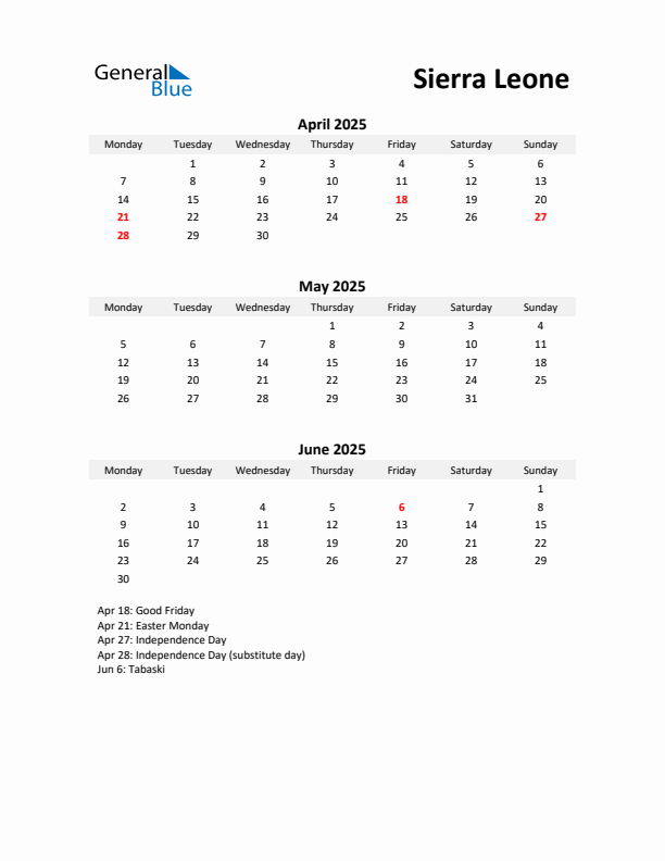 Printable Quarterly Calendar with Notes and Sierra Leone Holidays- Q2 of 2025