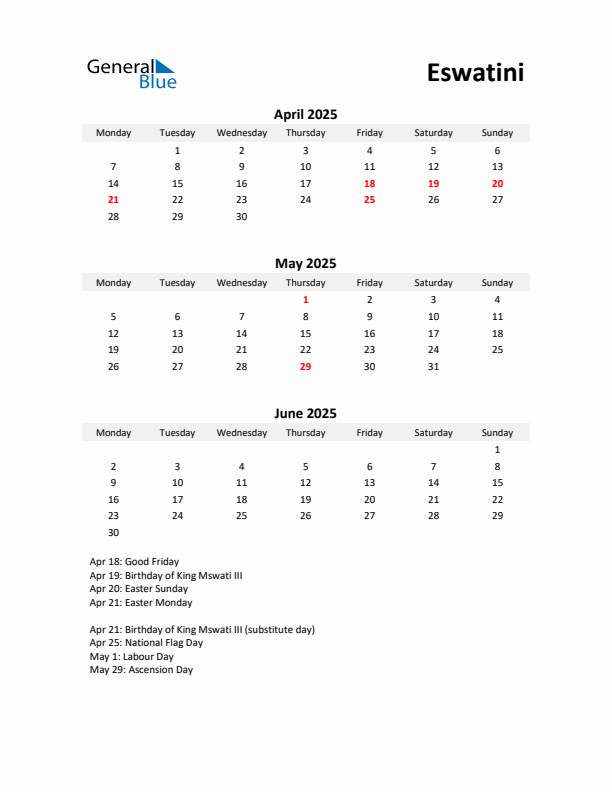 Printable Quarterly Calendar with Notes and Eswatini Holidays- Q2 of 2025
