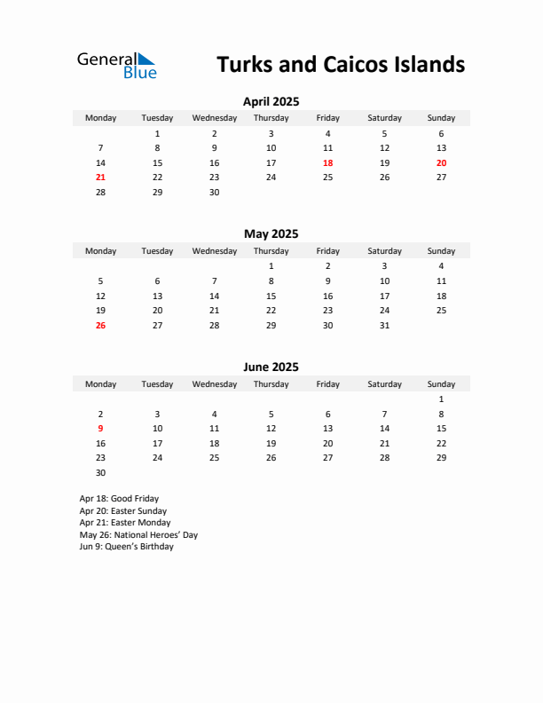 Printable Quarterly Calendar with Notes and Turks and Caicos Islands Holidays- Q2 of 2025