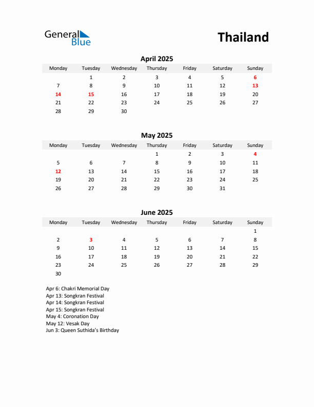 Printable Quarterly Calendar with Notes and Thailand Holidays- Q2 of 2025