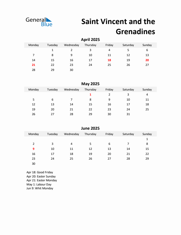 Printable Quarterly Calendar with Notes and Saint Vincent and the Grenadines Holidays- Q2 of 2025