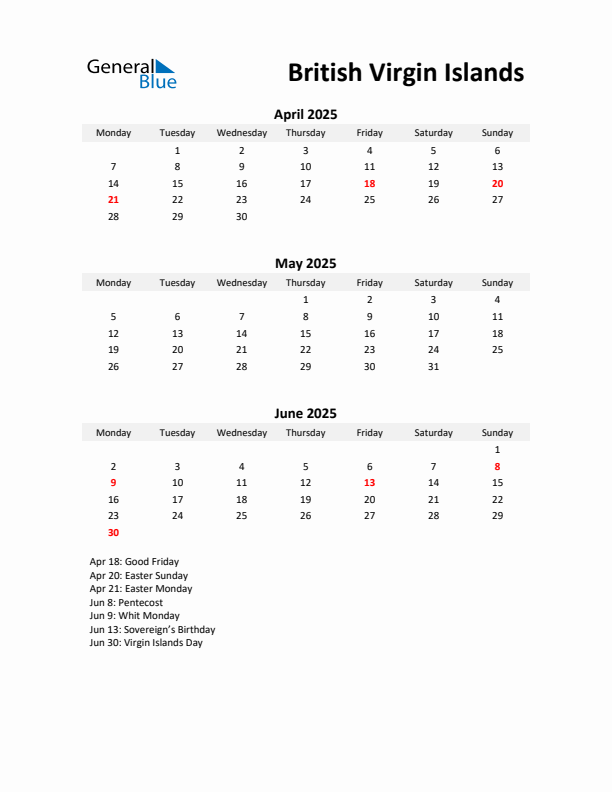 Printable Quarterly Calendar with Notes and British Virgin Islands Holidays- Q2 of 2025