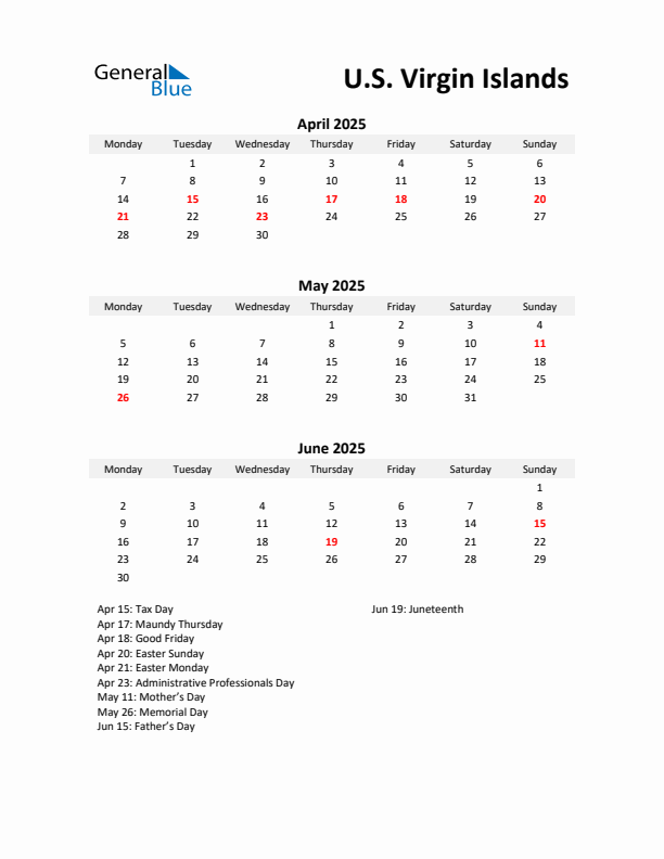 Printable Quarterly Calendar with Notes and U.S. Virgin Islands Holidays- Q2 of 2025