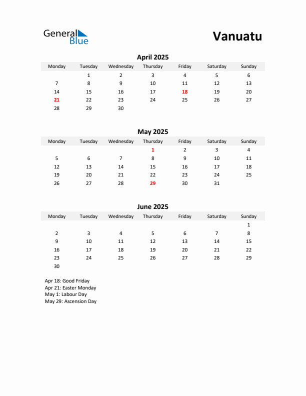 Printable Quarterly Calendar with Notes and Vanuatu Holidays- Q2 of 2025