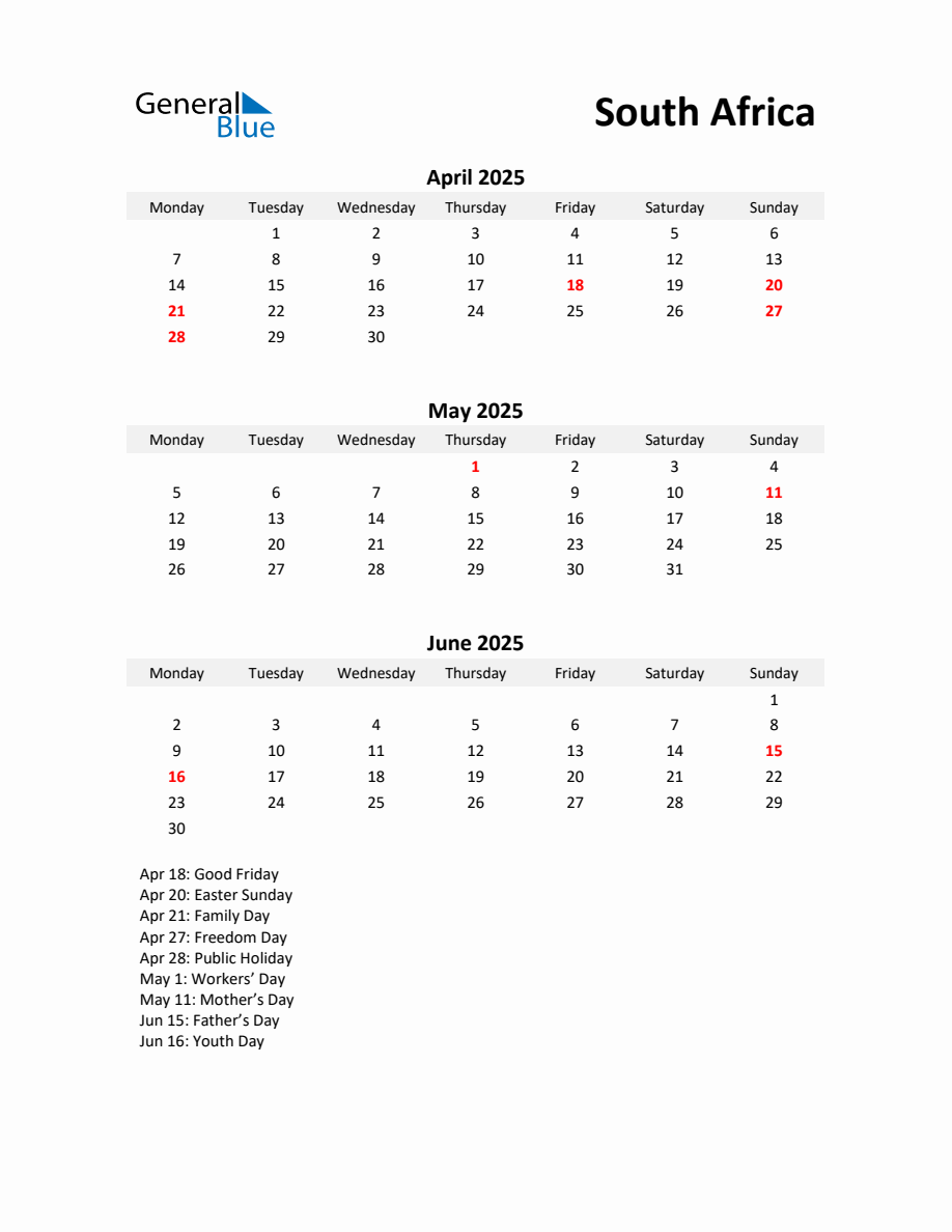Printable Quarterly Calendar with Notes and South Africa Holidays (Q2 ...