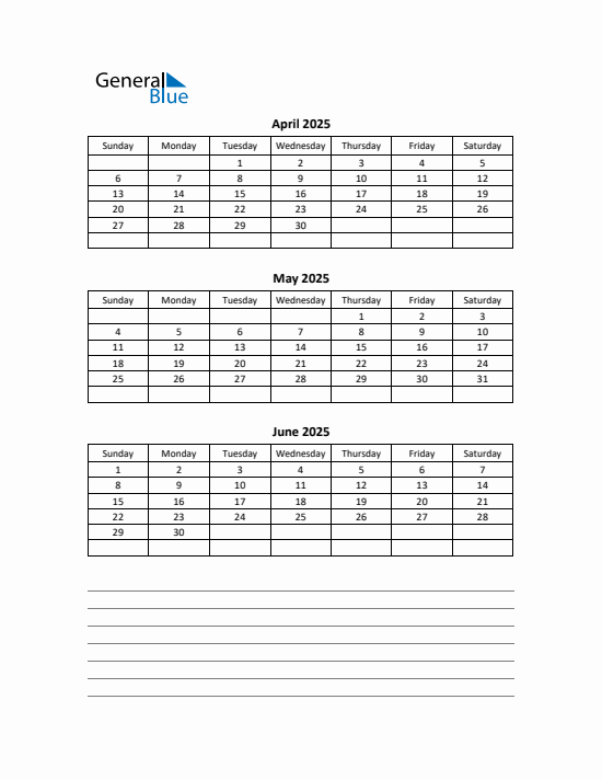 Quarter 2 2025 calendar template