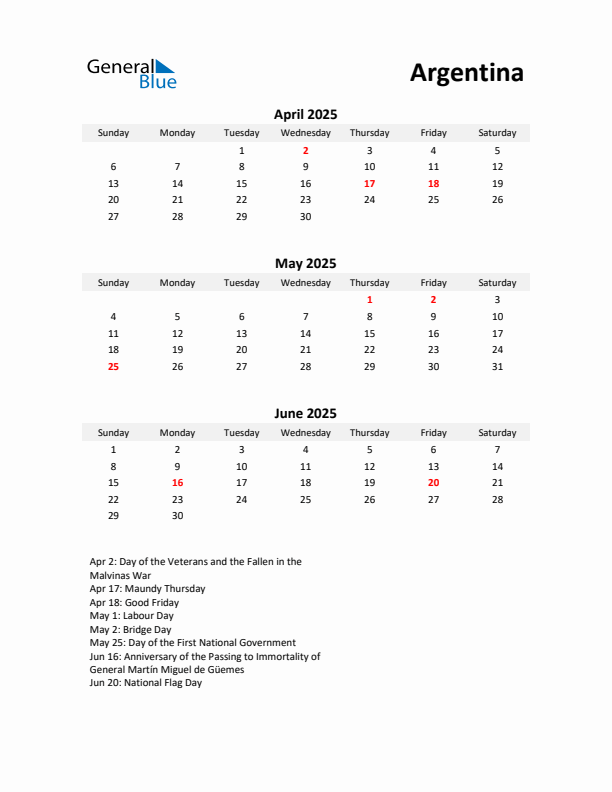 Printable Quarterly Calendar with Notes and Argentina Holidays- Q2 of 2025