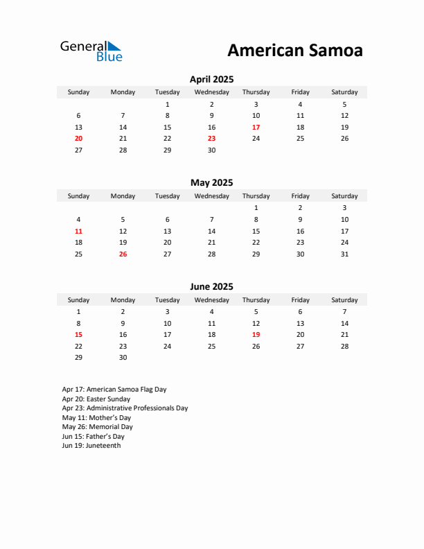 Printable Quarterly Calendar with Notes and American Samoa Holidays- Q2 of 2025