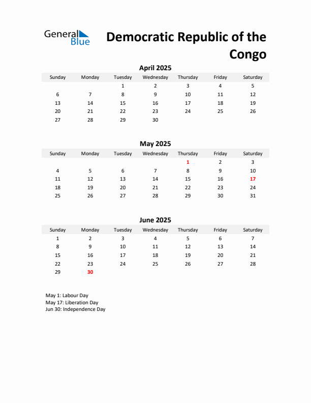 Printable Quarterly Calendar with Notes and Democratic Republic of the Congo Holidays- Q2 of 2025