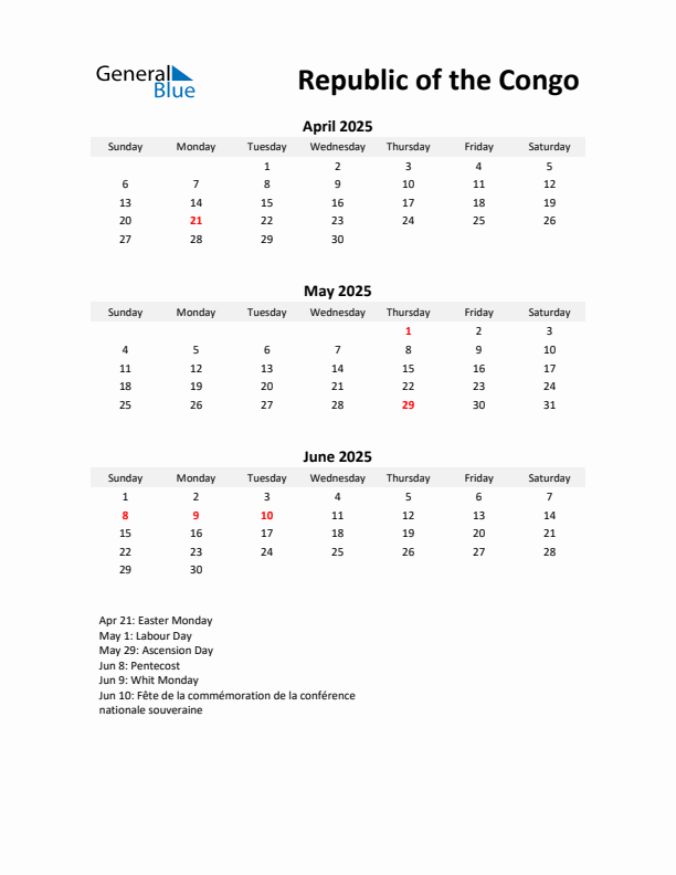 Printable Quarterly Calendar with Notes and Republic of the Congo Holidays- Q2 of 2025