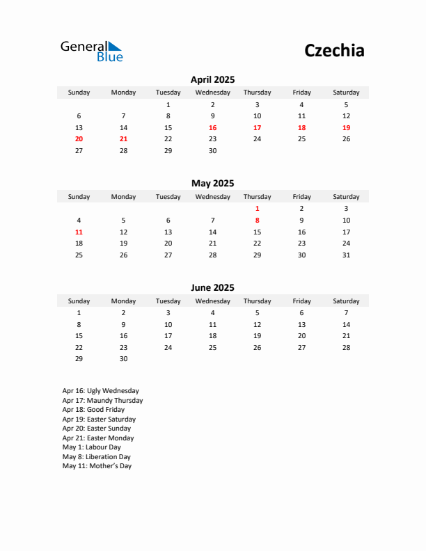 Printable Quarterly Calendar with Notes and Czechia Holidays- Q2 of 2025