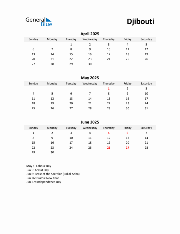 Printable Quarterly Calendar with Notes and Djibouti Holidays- Q2 of 2025