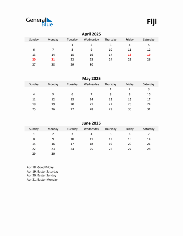 Printable Quarterly Calendar with Notes and Fiji Holidays- Q2 of 2025
