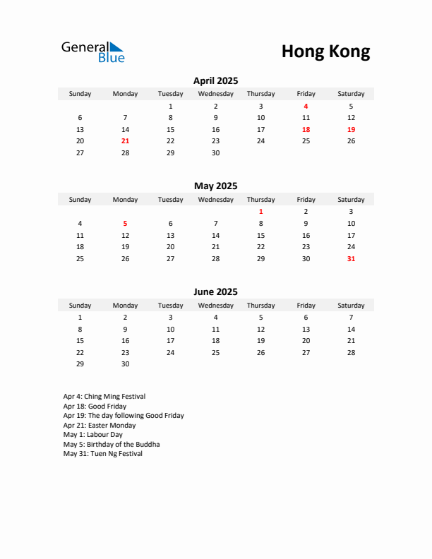 Printable Quarterly Calendar with Notes and Hong Kong Holidays- Q2 of 2025