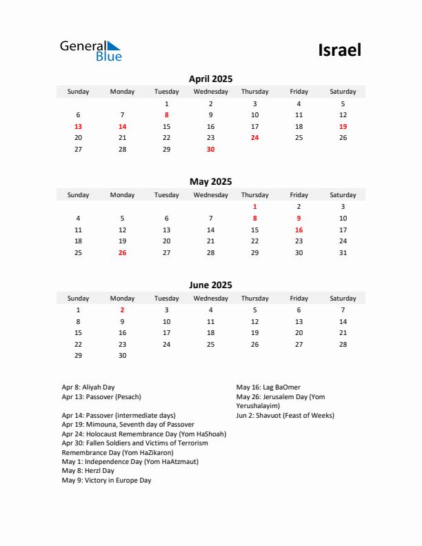 Printable Quarterly Calendar with Notes and Israel Holidays- Q2 of 2025