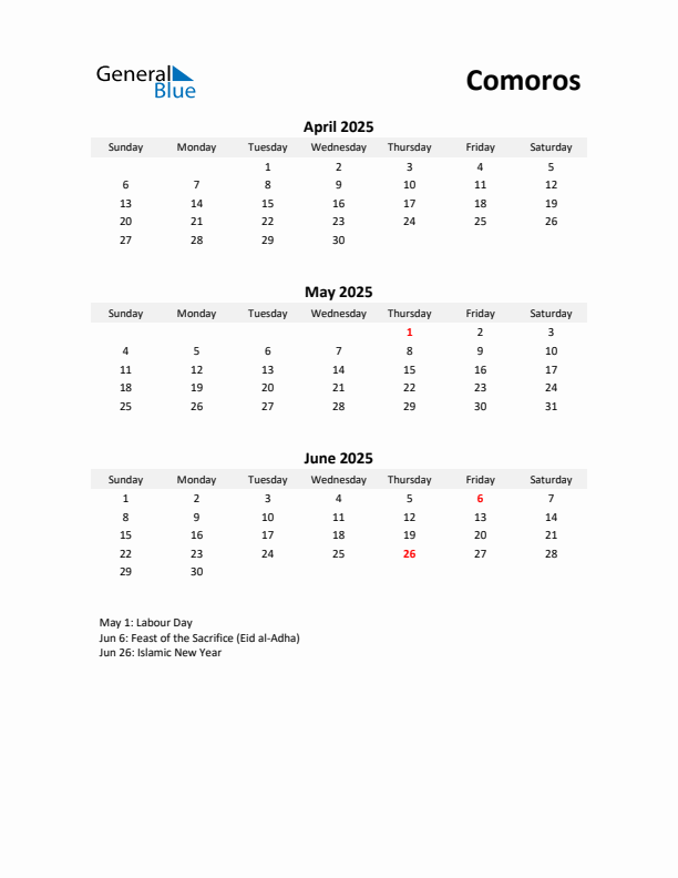 Printable Quarterly Calendar with Notes and Comoros Holidays- Q2 of 2025