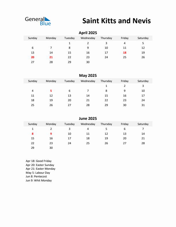 Printable Quarterly Calendar with Notes and Saint Kitts and Nevis Holidays- Q2 of 2025