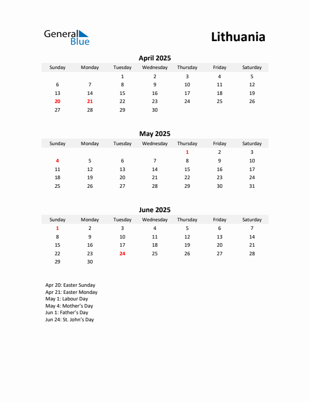 Printable Quarterly Calendar with Notes and Lithuania Holidays- Q2 of 2025